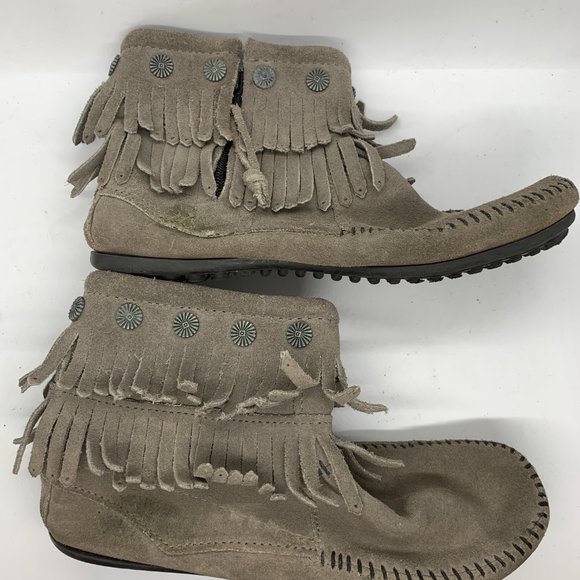 Minnetonka double fringe zip leather boot grey 7 - Picture 4 of 10